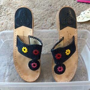 Jack Rogers Black and Tan Sandals with Colorful Floral Design